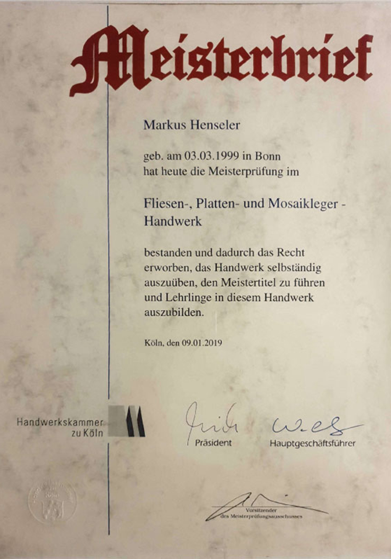 Meisterbrief Markus Henseler